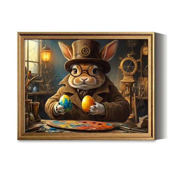 Steampunk Rabbit Artist Painting Vintage Gold Framed Wall Art Decor Retro Canvas Paintings for Living RoomBedroom