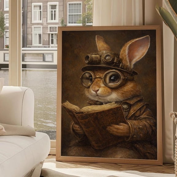 Steampunk Rabbit Wall Art Poster Print – Vintage Aviator Bunny Reading Book Decor 12x18 UNFRAMED