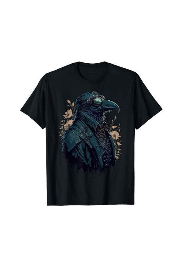Steampunk Raven Biker Fantasy Gothic Floral Drip Art Black T-Shirt