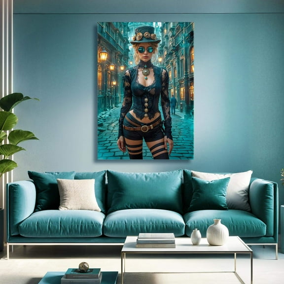 Steampunk Rebel of the Night Canvas Print – Dark Futuristic Wall Art, Gothic Industrial Home Decor