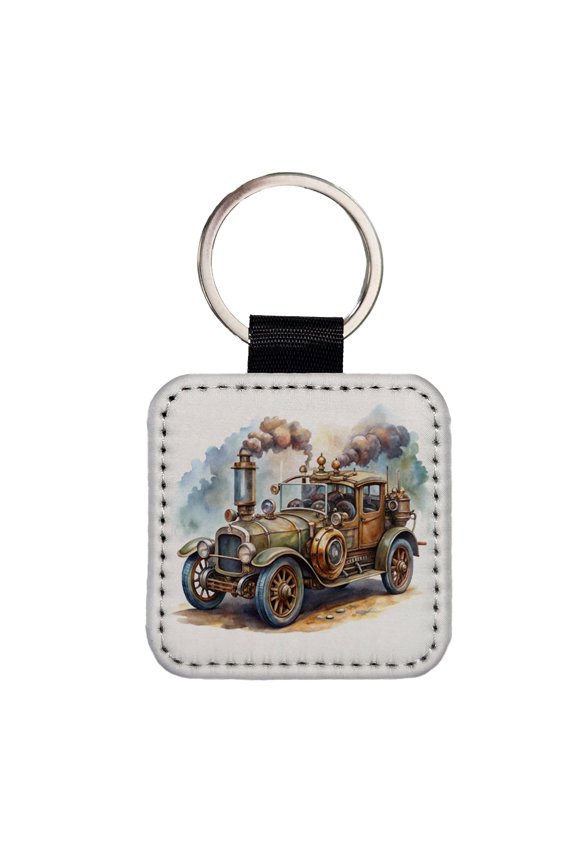 Steampunk Retro Fantasy Sci-fi Car Watercolor Faux Leather Square Keychain