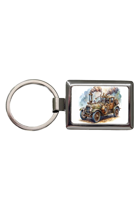 Steampunk Retro Fantasy Sci-fi Car Watercolor Metal Rectangle Keychain