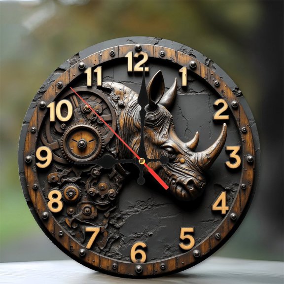 Steampunk Rhinoceros Wall Clock Decorative Artwork 10-Inch Silent Wooden Wall Clock, Battery Operated (AA Batteries Not Included), Artistic Home Decor