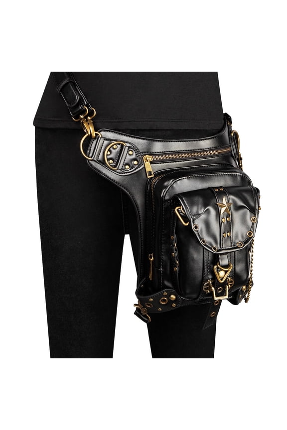 Steampunk Rivet Waist Bag Vintage Chain Decor Leg Bag Gothic Motorcycle Fanny Pack Crossbody Bag