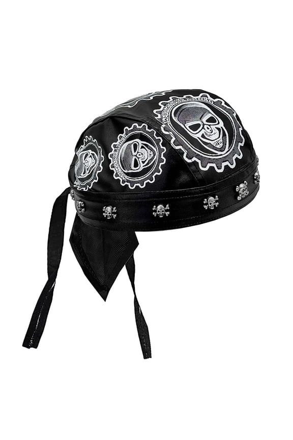 Steampunk Rock Gears Rivet Skull Headwrap Cap Bandana Doo Do Rag Cap Black Mens