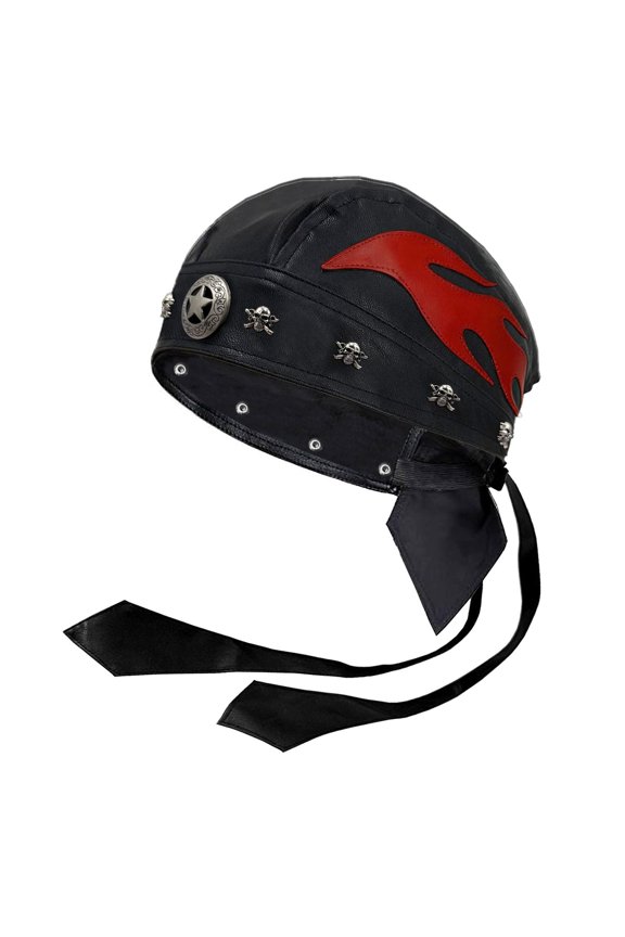 Steampunk Rock Wrap Stars Skull Rivet Cap Do Du Rag Leather Doo Rag Flame Cap with Snug Fit for Unisex Adjustable