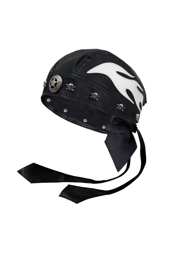 Steampunk Rock Wrap Stars Skull Rivet Cap Do Du Rag Leather Doo Rag Flame Cap with Snug Fit for Unisex Adjustable