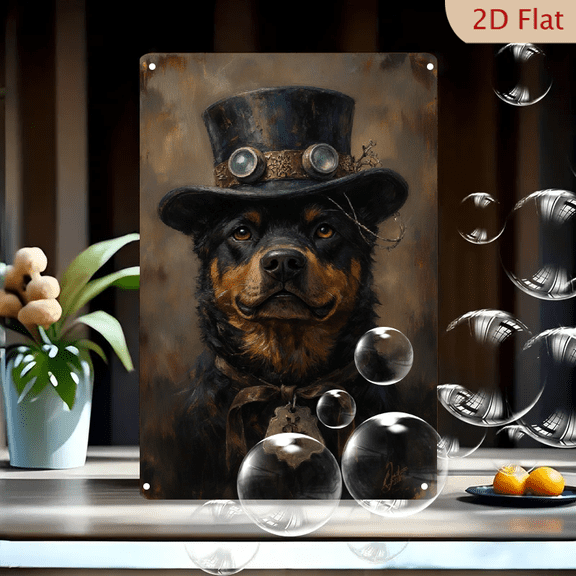 Steampunk Rottweiler Dog Portrait with Top Hat and Gears, 8x12 Inches Metal Wall Art Print for Home Decor, Aristocratic Victorian Industrial Style Canvas Painting