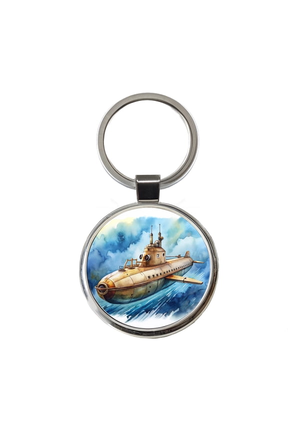 Steampunk Sci-fi Fantasy Flying Submarine Metal Round Keychain