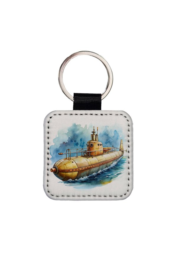 Steampunk Sci-fi Fantasy Retro Submarine Watercolor Faux Leather Square Keychain