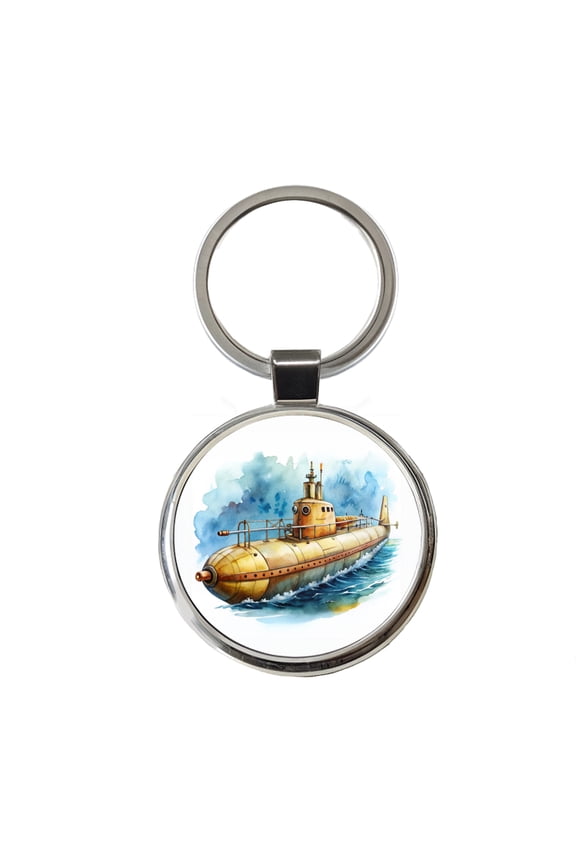Steampunk Sci-fi Fantasy Retro Submarine Watercolor Metal Round Keychain