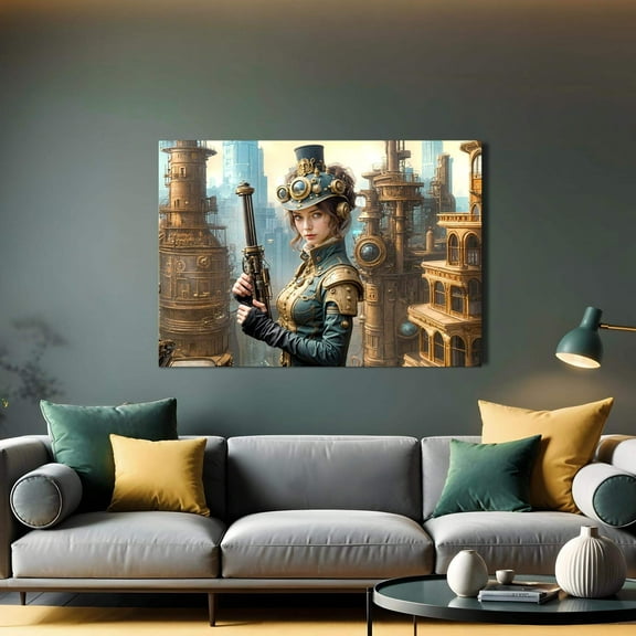 Steampunk Sentinel Canvas Print – Vintage Industrial Guardian Art, Retro Futuristic Wall Decor