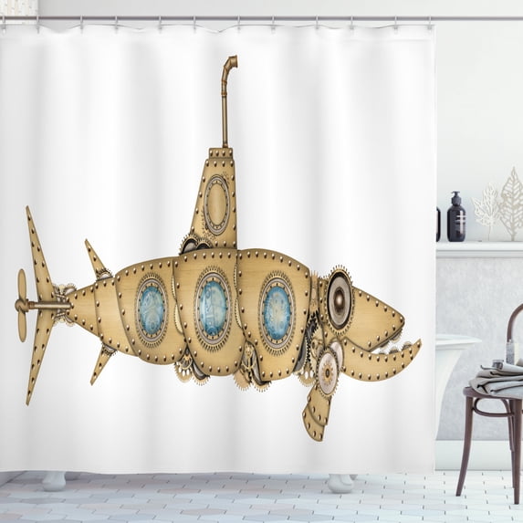 Steampunk Shower Curtain, Barracuda Fish Shape Inspired Submarine Image with Weathered Effect, Fabric Bathroom Set with Hooks, 69W X 84L Inches Extra Long, Beige Pale Blue White, by Ambesonne