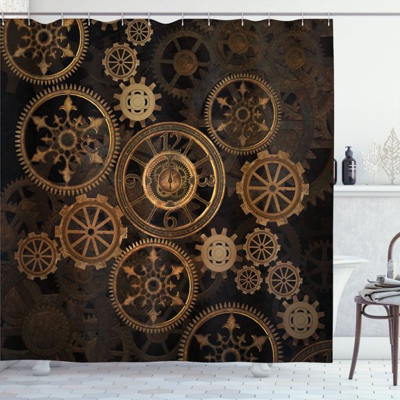 Steampunk Shower Curtain, Dark Toned Mechanical Composition Including Various Wheels Gears Image, Fabric Bathroom Set with Hooks, 69W X 70L Inches, Dark Brown Sand Brown, by Ambesonne