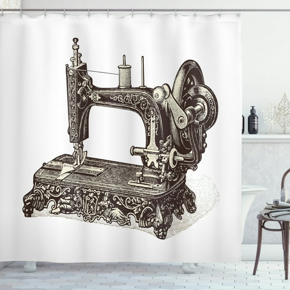 Steampunk Shower Curtain, Vintage Sewing Machine Hand-Drawn Sketch Antique Nostalgic Object Print, Fabric Bathroom Set with Hooks, 69W X 84L Inches Extra Long, Dark Brown and Ivory, by Ambesonne
