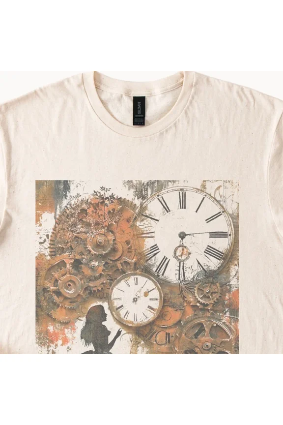 Steampunk Silhouette Graphic Tee With Gears And Clock Faces Size S-5Xl Heygategoo Tee