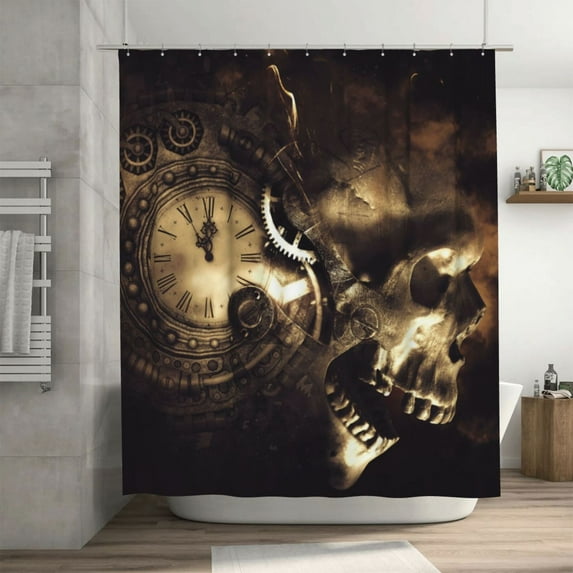 Steampunk Skull Death Machine Pattern Shower Curtain, Steampunk Time Machine Waterproof Bath Curtains for Bathroom Decorations, 72 x 72 inches
