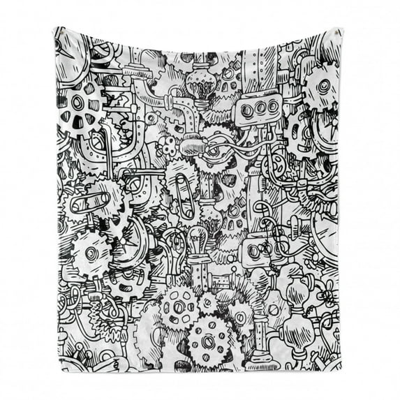 Steampunk Soft Flannel Fleece Blanket, Hand-Drawn Monochrome Doodle with Cluster of Manufacturing Elements Pattern, Cozy Plush for Indoor and Outdoor Use, 50" x 60", Black and White, by Ambesonne