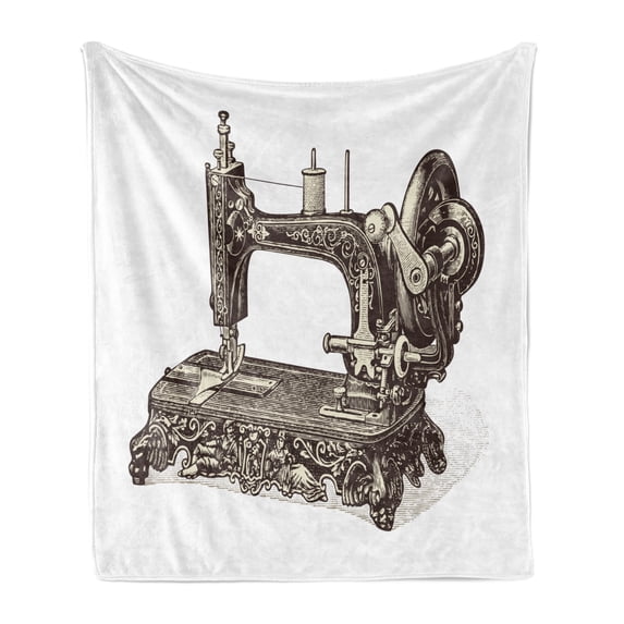 Steampunk Soft Flannel Fleece Blanket, Vintage Sewing Machine Hand-Drawn Sketch Antique Nostalgic Object Print, Cozy Plush for Indoor and Outdoor Use, 60" x 80", Dark Brown and Ivory, by Ambesonne