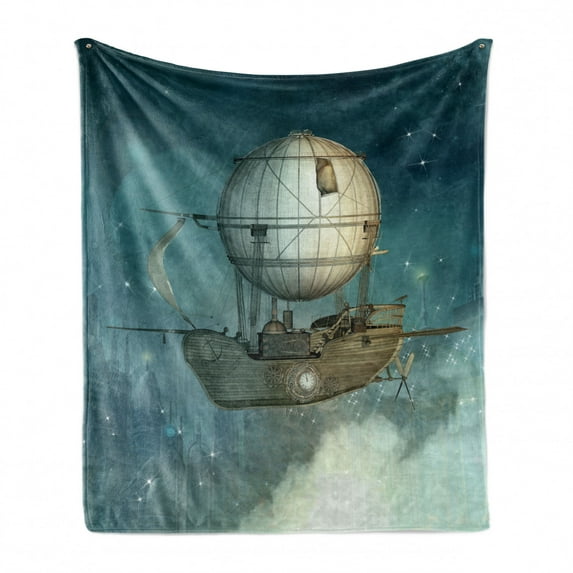 Steampunk Soft Flannel Fleece Throw Blanket, Airship Flying over a Futuristic Town Full of Skyscrapers, Cozy Plush for Indoor and Outdoor Use, 50" x 60", Petrol Blue and Tan, by Ambesonne