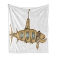 thumbnail image 1 of Steampunk Soft Flannel Fleece Throw Blanket, Barracuda Fish Shape Inspired Submarine Image with Weathered Effect, Cozy Plush for Indoor and Outdoor Use, 50" x 70", Beige Pale Blue White, by Ambesonne, 1 of 6