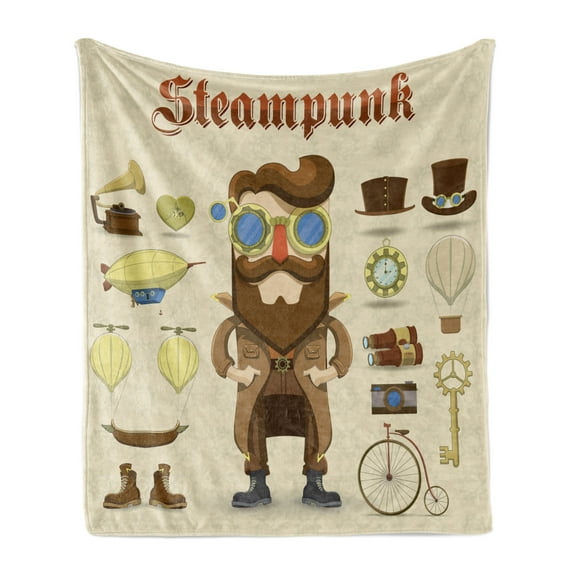 Steampunk Soft Flannel Fleece Throw Blanket, Cartoon Style Male Character and Vintage Mechanical Elements Hipster Gentleman, Cozy Plush for Indoor and Outdoor Use, 50" x 60", Multicolor, by Ambesonne