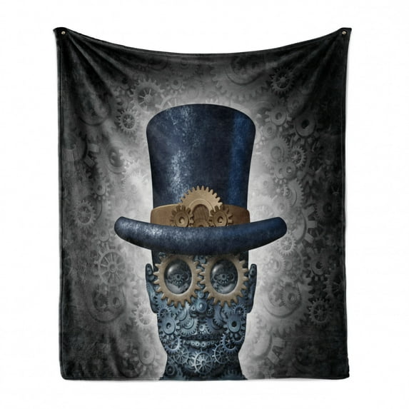 Steampunk Soft Flannel Fleece Throw Blanket, Futuristic Fantasy as Mechanical Human Head with Gears Cog and Hat, Cozy Plush for Indoor and Outdoor Use, 50" x 60", Grey Black Blue, by Ambesonne