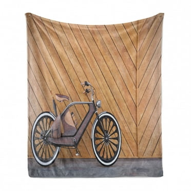 Steampunk Soft Flannel Fleece Throw Blanket, Old Vintage Bicycle near the Wooden Wall Urban Transportation Image, Cozy Plush for Indoor and Outdoor Use, 50" x 60", Sand Brown Black Grey, by Ambesonne