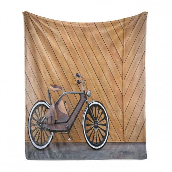 Steampunk Soft Flannel Fleece Throw Blanket, Old Vintage Bicycle near the Wooden Wall Urban Transportation Image, Cozy Plush for Indoor and Outdoor Use, 70" x 90", Sand Brown Black Grey, by Ambesonne