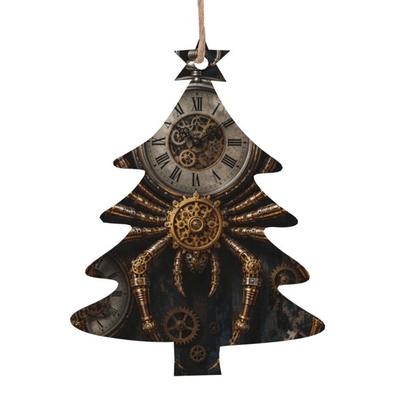 Steampunk Spider Clockwork Art Wooden Christmas Ornament Christmas Tree Shape,Xmas Tree Hanging Decoration 6 PCS