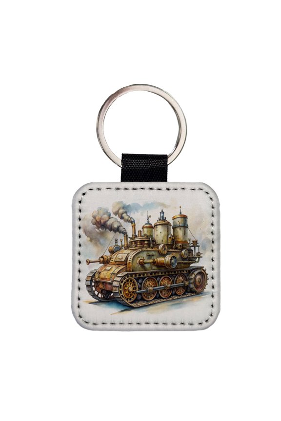 Steampunk Steam Engine Tank Fantasy Sci-fi Faux Leather Square Keychain