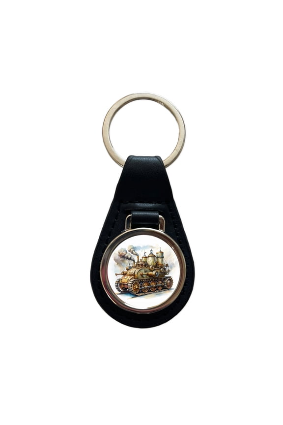 Steampunk Steam Engine Tank Fantasy Sci-fi Metal Black Leather Keychain