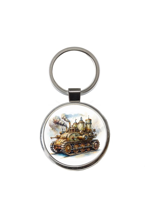 Steampunk Steam Engine Tank Fantasy Sci-fi Metal Round Keychain