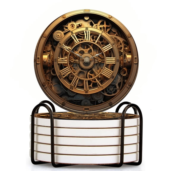 Steampunk-Style Clock With Gears And Cogs Set of 6 Ceramic Coasters with Holder, Absorbent Drink Bar Coasters, Table Coasters for Living Room Decor Tabletop Protection