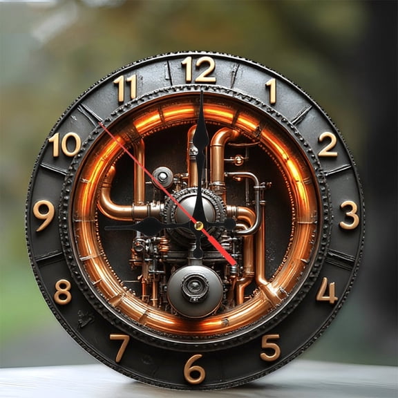 Steampunk Style Clock Wall Clock Copper Gear Clock 10-Inch Silent Wooden Wall Clock, Battery Operated (AA Batteries Not Included), Artistic Home Decor