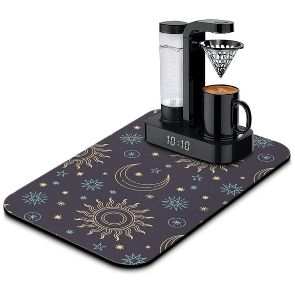Steampunk Style Coffee Mat, Absorbent Dish Drying Pad with Dark Gothic & Celestial Moon Patterns, Leak-Proof Non-Slip Kitchen Mat for Coffee Bars