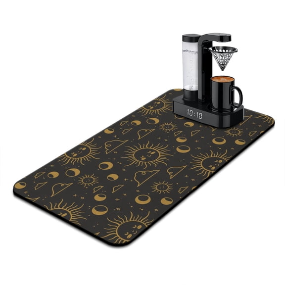 Steampunk Style Coffee Mat, Absorbent Dish Drying Pad with Dark Gothic & Celestial Moon Patterns, Leak-Proof Non-Slip Kitchen Mat for Coffee Bars