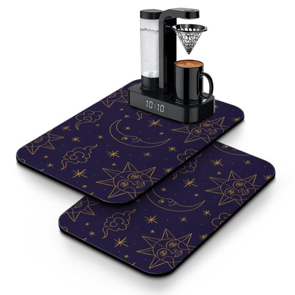 Steampunk Style Coffee Mat, Absorbent Dish Drying Pad with Dark Gothic & Celestial Moon Patterns, Leak-Proof Non-Slip Kitchen Mat for Coffee Bars