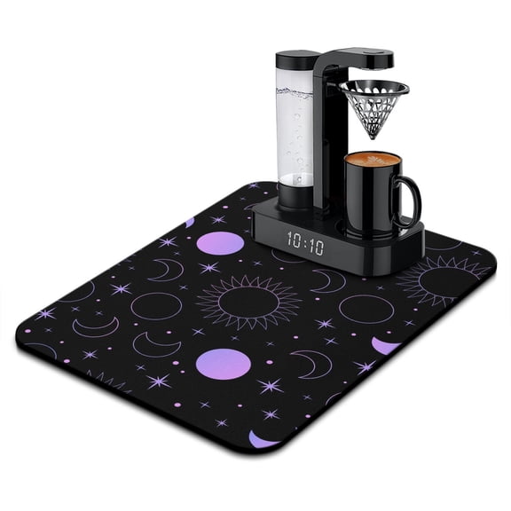 Steampunk Style Coffee Mat, Absorbent Dish Drying Pad with Dark Gothic & Celestial Moon Patterns, Leak-Proof Non-Slip Kitchen Mat for Coffee Bars