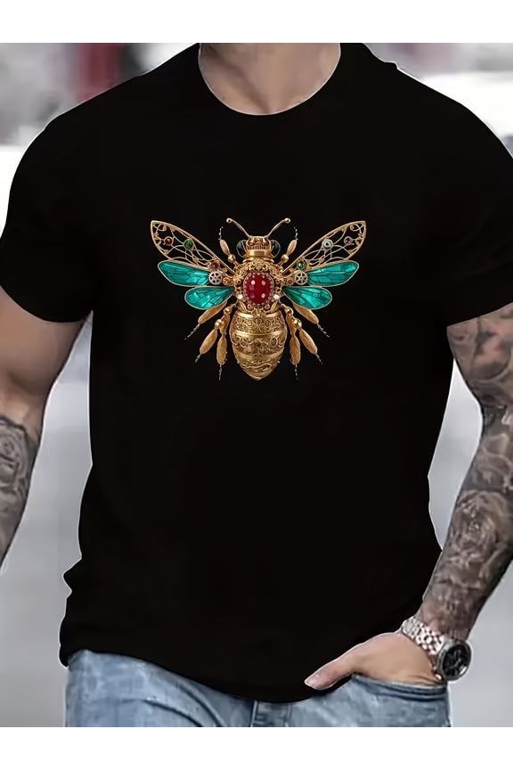 Steampunk Style Golden Bee Print Men'S Casual Comfortable Crew Neck Short Sleeve T-Shirt | Summer, Slight Stretch Fabric, Regular Fit