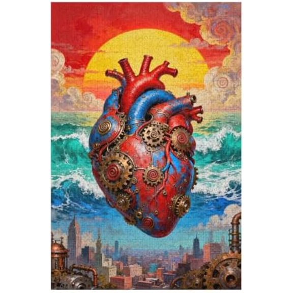 Steampunk Style Heart 1000 Piece Jigsaw Puzzle for Adults, Mechanical Human Organ and Abstract Cityscape Artwork, Challenging DIY Puzzle, Fun Family Activity, Educational Gift