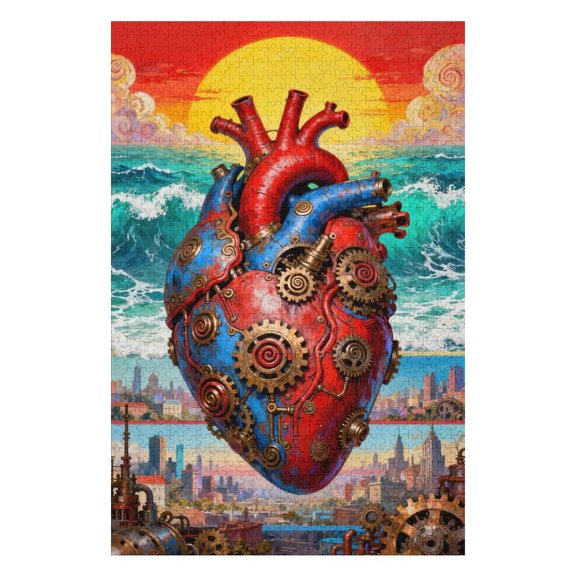 Steampunk Style Heart 500 Piece Jigsaw Puzzles for Adult Mechanical Human Organ Painting Jigsaw Puzzle Abstract Cityscape 500 Pieces Puzzles Game Wall Decor DIY Craft Puzzle Art Biology Gift