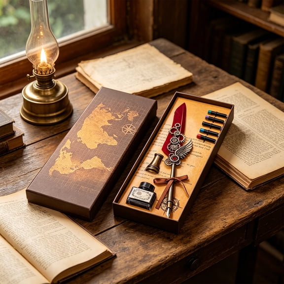 Steampunk Style Quill Pen Writing Set with Ink and Replacement Pen, Vintage Calligraphy Pen Gift for Journaling and Letter Writing, Decorative Desk Accessory for Writing Enthusiasts