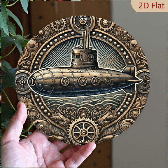 Steampunk Submarine Wall Art, Round Aluminum Metal Sign, Vintage Nautical Industrial Decor, 8x8 Inch Industrial Mechanical Gear Wall Plaque