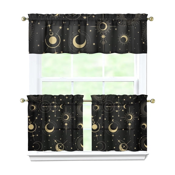 Steampunk Sun and Moon Kitchen Curtains Set Constellation Map Design 3-Piece Celestial Gothic Tier and Valance Rod Pocket Curtains for Home