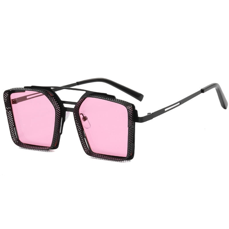 Mens Sunglasses Metal Hollow Square Frame Trendy Double Beam Design for Outdoor Sports Fishing Travel Driving Stage