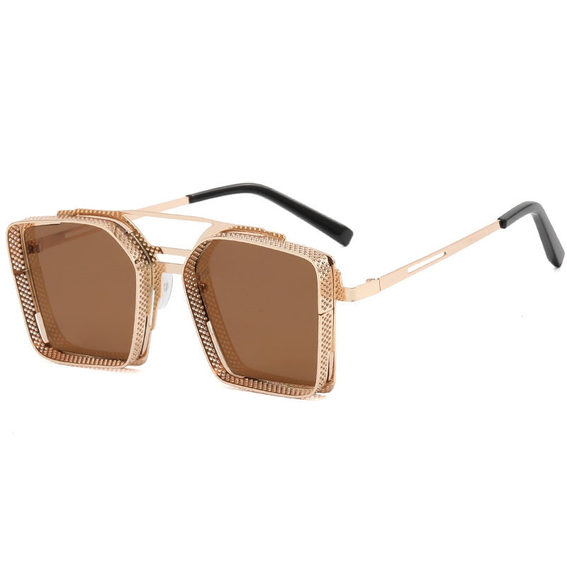 Mens Sunglasses Metal Hollow Square Frame Trendy Double Beam Design for Outdoor Sports Fishing Travel Driving Stage