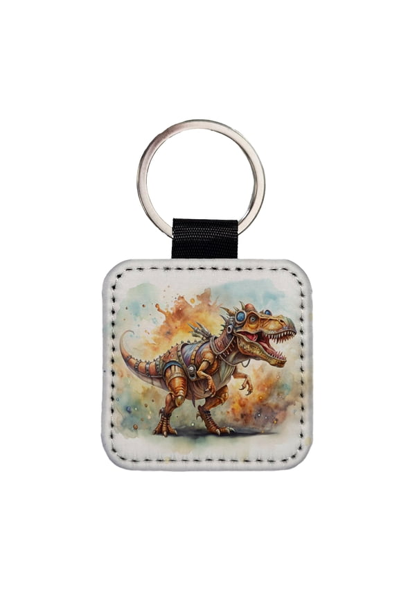 Steampunk T-Rex Dinosaur Fantasy Sci-fi Watercolor Faux Leather Square Keychain