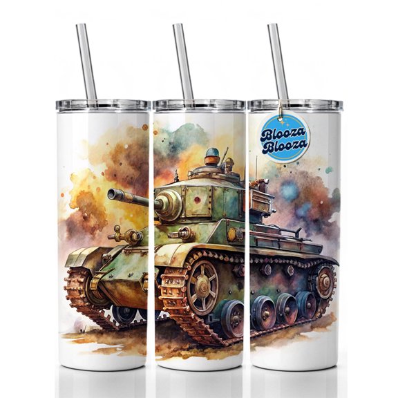 Steampunk Tank Fantasy Sci-fi Watercolor 20oz Insulated Water Bottle Skinny Tumbler Includes Straw