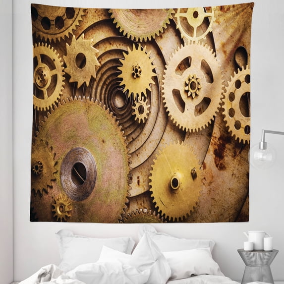 Steampunk Tapestry, Engineering Equipments Illustration of Mechanical Elements Wheels Close up Image, Fabric Wall Hanging Decor for Bedroom Living Room Dorm, 5 Sizes, Sand Brown, by Ambesonne
